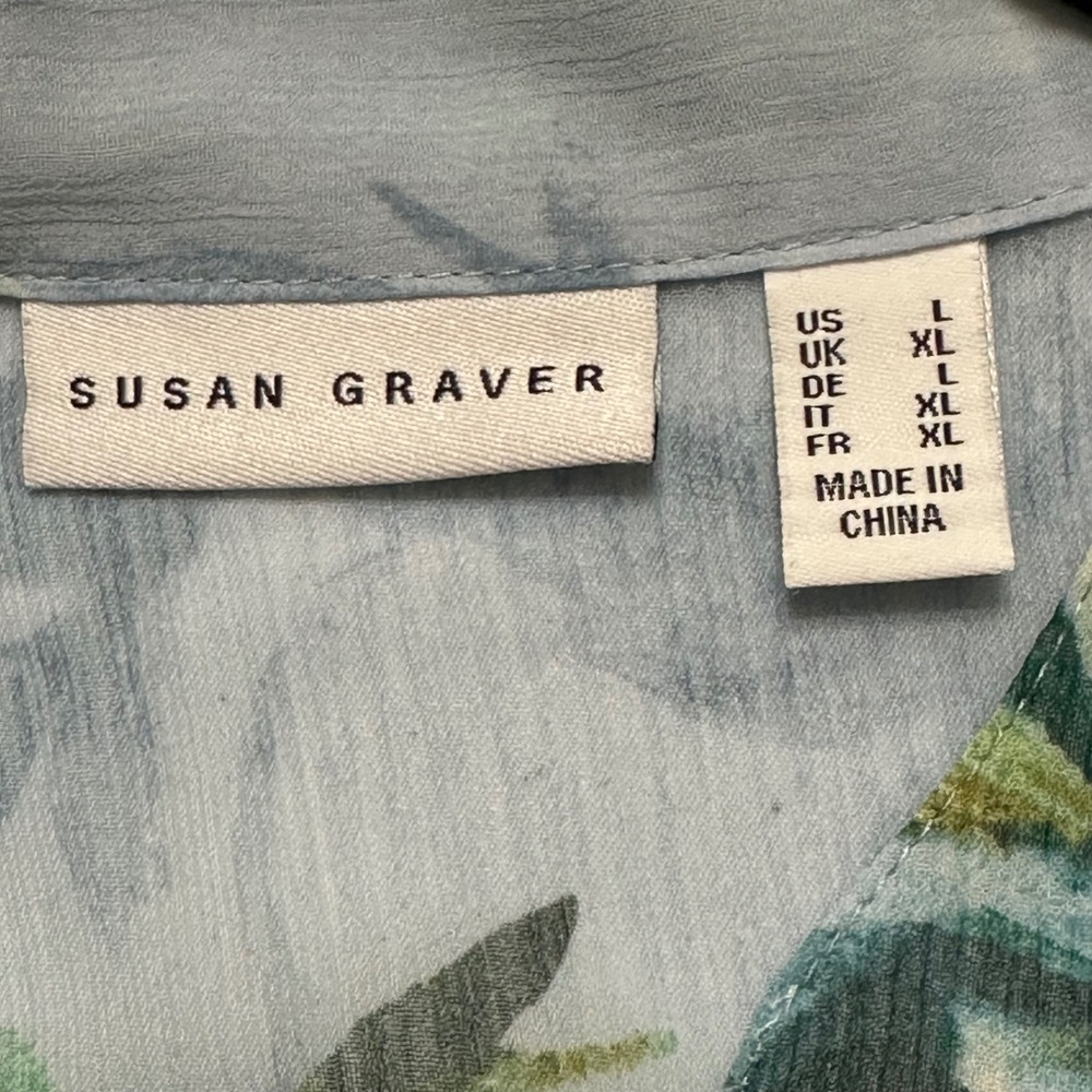 Susan Graver Floral Pintuck V-Neck Tunic Blouse Lace Trim Cottage Blue Green L - Picture 3 of 6